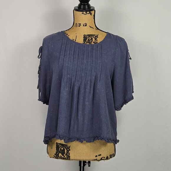 Hem & Thread Boho Peasant Top Blue Linen Blend Ruffle Hem Tie Sleeve Small - Picture 1 of 12